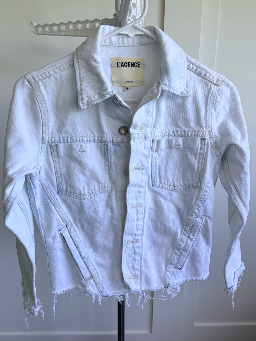 L'AGENCE Off-White / Light Blue Distressed Denim Jacket